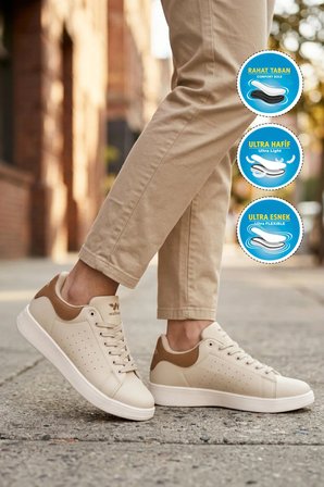 Bej Bağcıklı Hafif Unisex Cilt Spor Ayakkabı Costa G