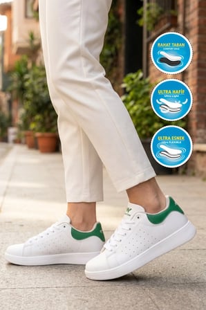 Beyaz Yeşil Bağcıklı Hafif Unisex Cilt Spor Ayakkabı Costa G