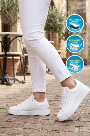 Beyaz Bağcıklı Hafif Unisex Cilt Spor Ayakkabı Costa G