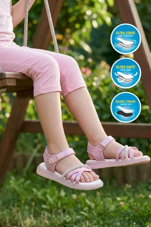Pembe Yumuşak Taban Hafif Cırtlı Kız Çocuk Sandalet Maya F