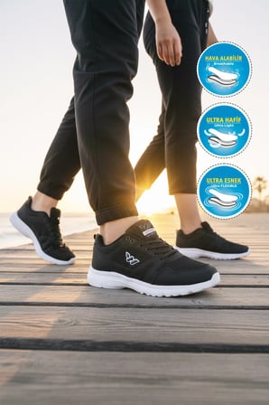 Siyah Beyaz Fileli Hafif Bağcıklı Esnek Unisex Spor Ayakkabı 020 G