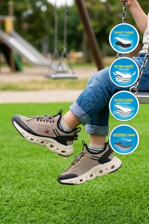 Kum Siyah Geniş Kalıp Ortopedik Erkek Çocuk Spor Ayakkabı BXZ001 F