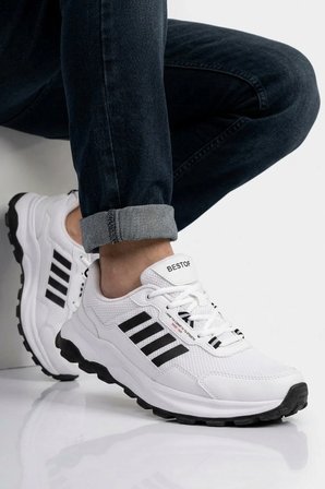 Beyaz Siyah Fileli Kaymaz Taban Erkek Spor Ayakkabı BST-2045 M
