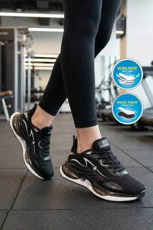Siyah Beyaz Fileli Hafif Esnek Unisex Spor Ayakkabı 101 25087-G