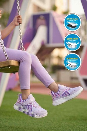 Lila Mor Cırtlı Hafif Esnek Kız Çocuk Spor Ayakkabı 1030 F