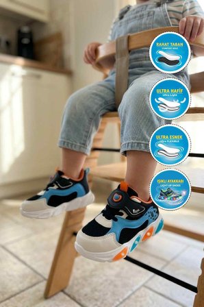 Siyah Cırtlı Işıklı Fileli Hafif Erkek Bebek Spor Ayakkabı Luna B