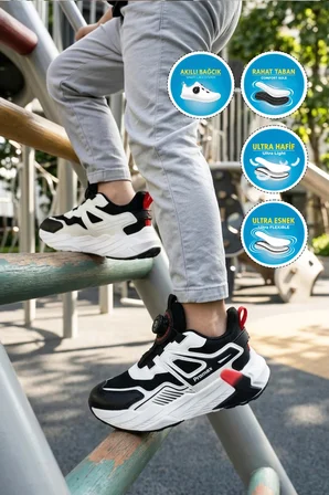 Siyah-Beyaz Misina Bağcıklı Erkek Çocuk Spor Ayakkabı 2099 F