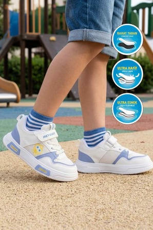 Beyaz Mavi Cırtlı Fileli Hafif Unisex Çocuk Spor Ayakkabı 026 F