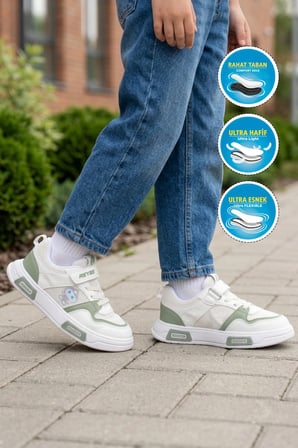 Beyaz Mint Yeşili Cırtlı Fileli Hafif Unisex Çocuk Spor Ayakkabı 026 F