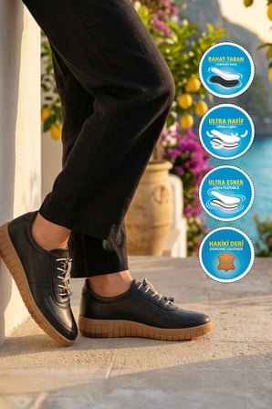 Siyah Hakiki Deri Ortopedik Kadın Casual Ayakkabı 420 Z