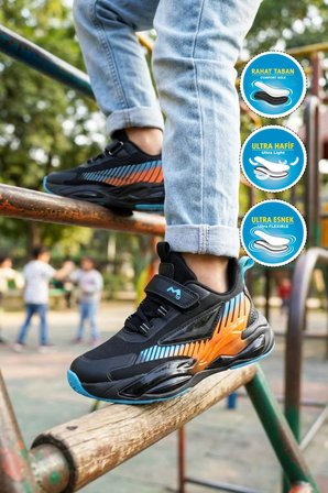 Siyah-Mavi-Turuncu Cırtlı Hafif Esnek Erkek Çocuk Spor Ayakkabı T5440207B F