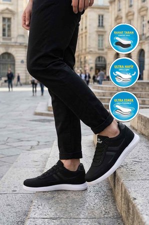 Siyah Beyaz Keten Hafif Esnek Erkek Casual Ayakkabı 2036 M