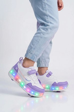 Beyaz-Mor Cırtlı Ortopedik Işıklı Kız Çocuk Patenli Spor Ayakkabı Glow F