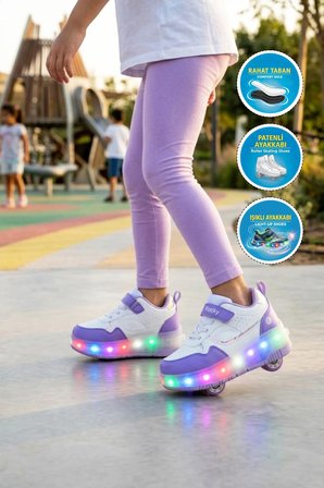 Beyaz-Mor Cırtlı Ortopedik Işıklı Kız Çocuk Patenli Spor Ayakkabı Glow F