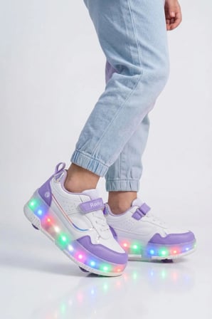 Beyaz-Mor Cırtlı Ortopedik Işıklı Kız Çocuk Patenli Spor Ayakkabı Glow F