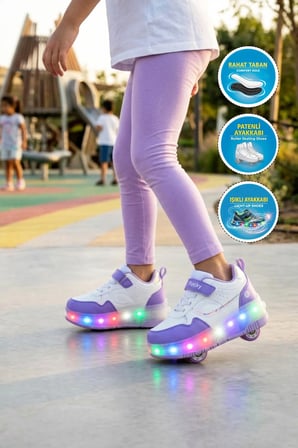 Beyaz-Mor Cırtlı Ortopedik Işıklı Kız Çocuk Patenli Spor Ayakkabı Glow F