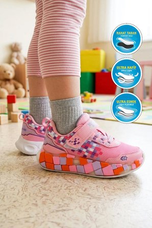 Pembe-Beyaz-Lila Cırtlı Işıklı Kız Çocuk Spor Ayakkabı 1030 P