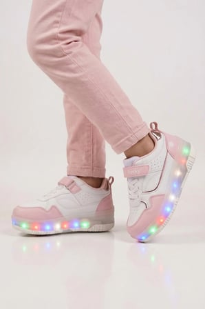 Pudra-Beyaz Cırtlı Ortopedik Işıklı Kız Çocuk Patenli Spor Ayakkabı Glow F
