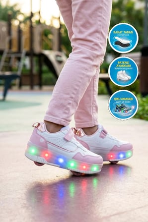 Pudra-Beyaz Cırtlı Ortopedik Işıklı Kız Çocuk Patenli Spor Ayakkabı Glow F