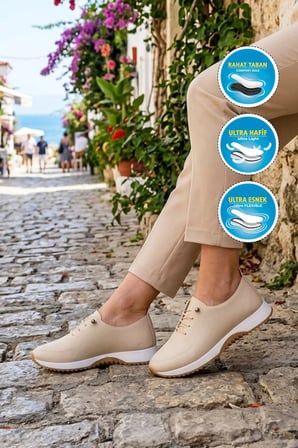 Bej Lastik Bağcıklı Kadın Casual Ayakkabı 068 Z