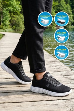 Siyah-Beyaz Fileli Hafif Esnek Unisex Spor Ayakkabı 26102 M