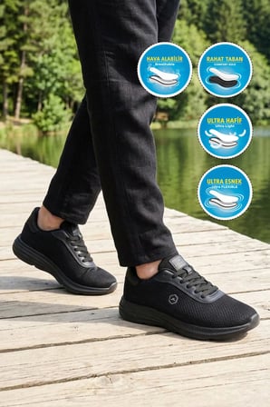 Siyah Fileli Hafif Esnek Unisex Spor Ayakkabı 26102 M