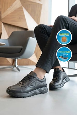 Siyah Hakiki Deri Hafızalı Tabanlı Erkek Casual Ayakkabı Alfa 9107 M