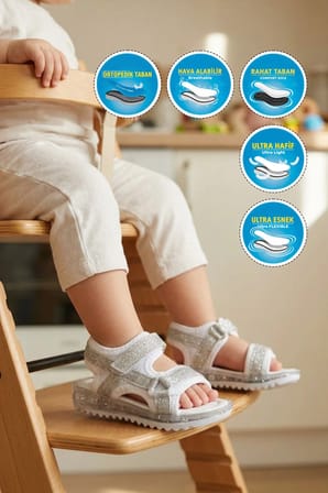 Beyaz-Gümüş Cırtlı Ortopedik Bebek Sandalet 25T104 B