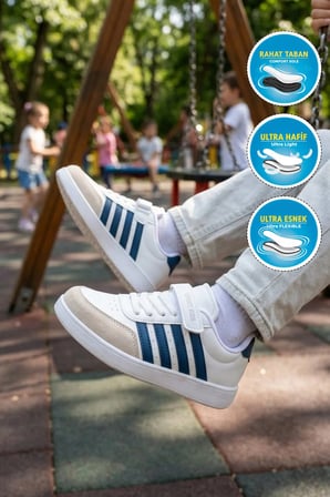 Beyaz İndigo Cırtlı Hafif Esnek Erkek Çocuk Spor Ayakkabı 754 F