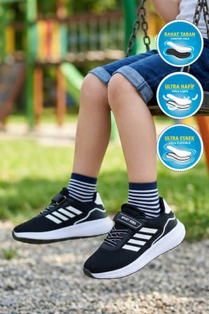 Siyah-Beyaz Cırtlı Fileli Hafif Erkek Çocuk Spor Ayakkabı 755 F