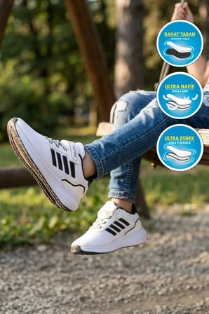 Beyaz-Siyah Cırtlı Fileli Hafif Kız Çocuk Spor Ayakkabı 755 F