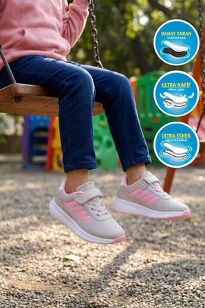 Buz-Pembe Cırtlı Fileli Hafif Kız Çocuk Spor Ayakkabı 755 F
