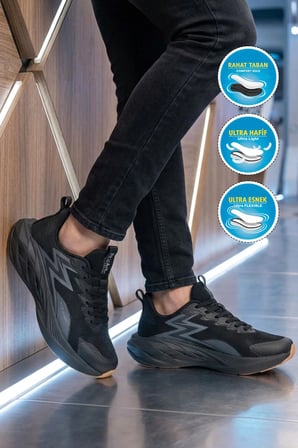 Siyah Ortopedik Hafızalı Tabanlı Erkek Spor Ayakkabı 5026 M