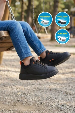 Siyah-Turuncu Lastik Bağcıklı Comfort Rahat Tabanlı Erkek Çocuk Sneaker Balase F