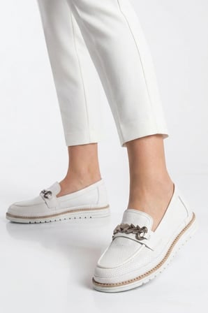 Beyaz Hakiki Deri Anatomik Rahat Tabanlı Toka Detaylı Kadın Casual Ayakkabı Loafer Z273 Z