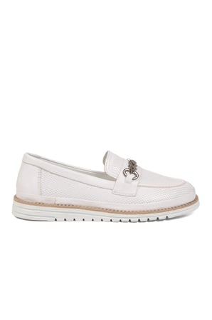 Beyaz Hakiki Deri Anatomik Rahat Tabanlı Toka Detaylı Kadın Casual Ayakkabı Loafer Z273 Z