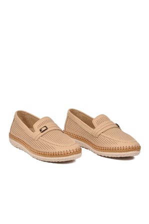 Bej Geniş Kalıp Hakiki Deri Hafızalı Rahat Taban Kadın Casual Ayakkabı Loafer Z142 Z