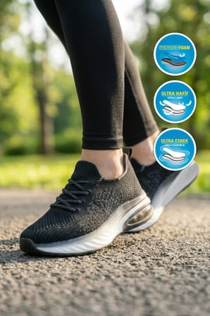 Beyaz-Siyah Geniş Kalıp Anorak Hafızalı Rahat Tabanlı Kadın Yürüyüş ve Spor Ayakkabı Sneaker B264