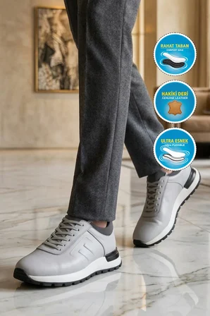 Erkek Beyaz Hakiki Deri Casual Ayakkabı Bağcıklı Rahat Konfor Tabanlı Sneaker M294 M