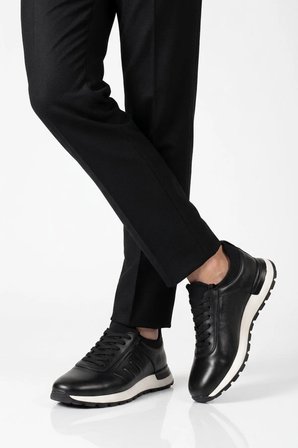 Erkek Siyah Hakiki Deri Casual Ayakkabı Bağcıklı Rahat Konfor Tabanlı Sneaker M294 M