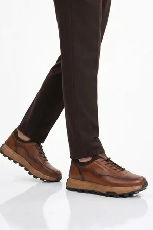 Taba Premium Hakiki Deri Erkek Casual Ayakkabı Memory Kalın Tabanlı Sneaker M084-2 M