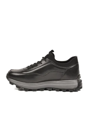 Siyah Premium Hakiki Deri Erkek Casual Ayakkabı Memory Kalın Tabanlı Sneaker M084-2 M