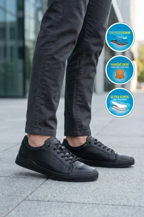 Siyah Hakiki Deri Erkek Sneaker Delikli Nefes Alabilen Casual Memory Taban M682 M