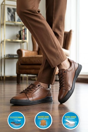 Ceviz Hakiki Deri Erkek Sneaker Delikli Nefes Alabilen Casual Memory Taban M682 M