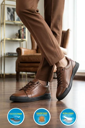 Ceviz Hakiki Deri Erkek Sneaker Delikli Nefes Alabilen Casual Memory Taban M682 M