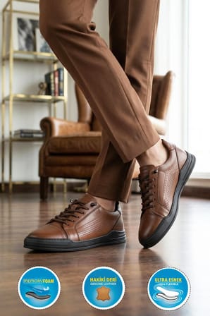 Ceviz Hakiki Deri Erkek Sneaker Delikli Nefes Alabilen Casual Memory Taban M682 M