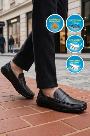 Erkek Hakiki Deri Loafer Mokasen Ayakkabı Hafızalı Taban Hafif Smart Casual Siyah M420 M