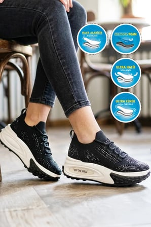 Siyah Anorak Örme Bağcıklı Taş Detaylı Kadın Casual Yürüyüş Ayakkabı B029