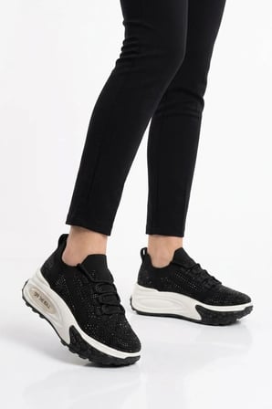 Siyah Anorak Örme Bağcıklı Taş Detaylı Kadın Casual Yürüyüş Ayakkabı B029