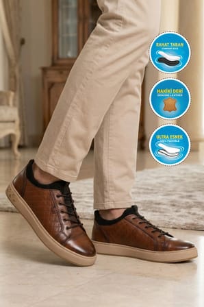 Taba Hakiki Deri Kroko Desenli Rahat Şık Erkek Casual Ayakkabı Sneaker 6424-1 M